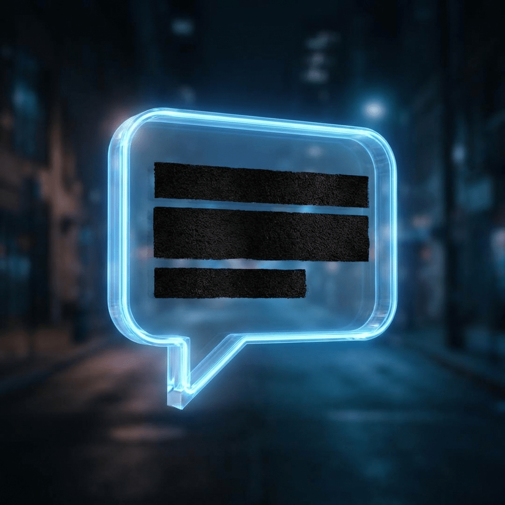 Blue neon speech bubble with three black horizontal lines