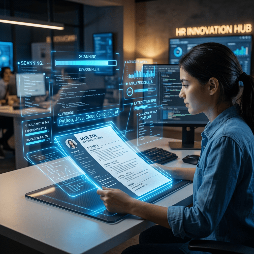 Recruiter analyzing digital resume with AI highlights for skills and experience